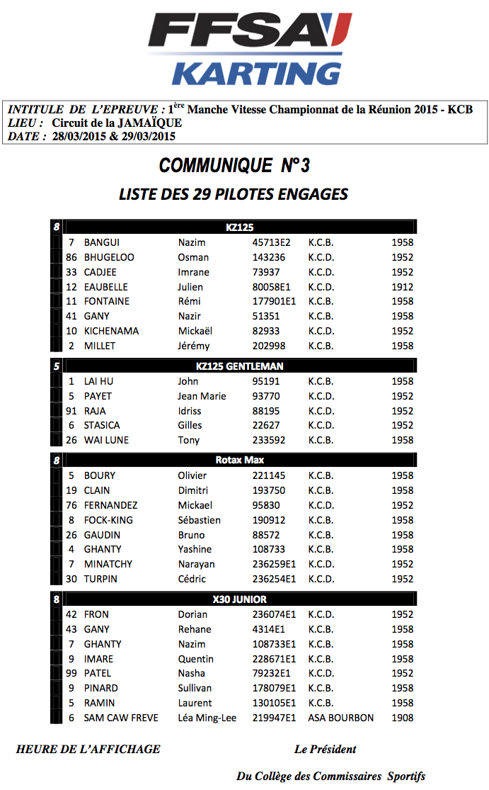 liste des engagés à la 1ère manche karting Jamaïque 2015